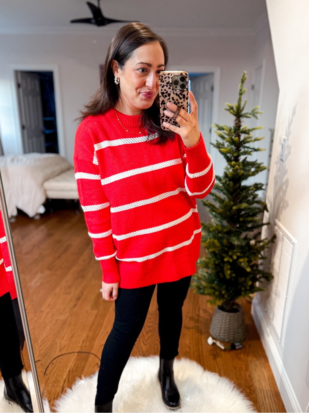 aerie Red Crewneck Sweater with White Stripes
